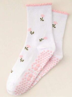 Pilates White Socks with Pink Floral Accents